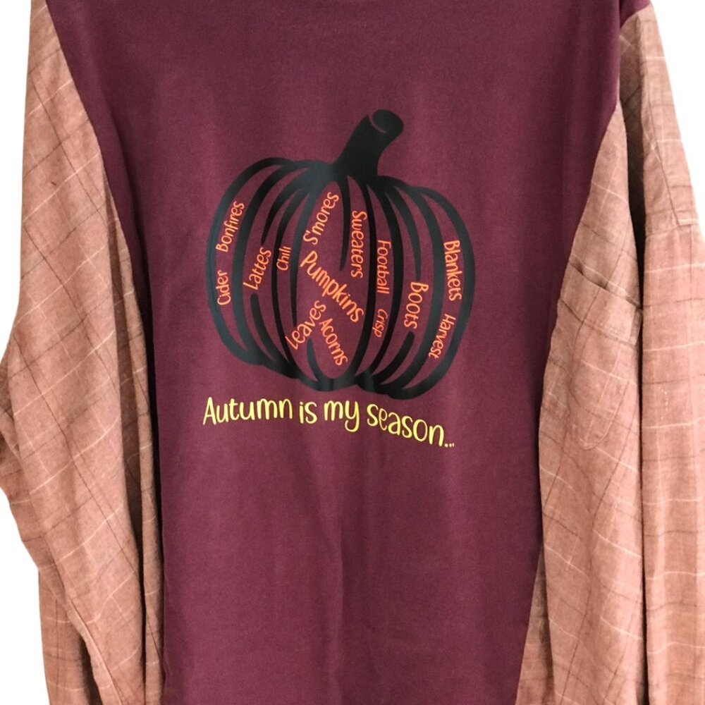 Upcycled Flannel Shirt Oversized Autumn Graphics Spliced Tee Fits XL 2X 3X - Picture 11 of 13